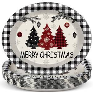 lot 1307 image: 50 Count Christmas Oval Paper Plates Buffalo Plaid Large Plates 11 x 9 inch Holiday Disposable Plates Christmas Red Pine Tree Party Platter for Christmas Xmas Holiday Dinner Serving Dish Supplies - Retail $16