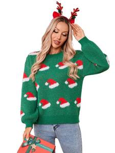 lot 1308 image: SunnyMelody Womens Ugly Christmas Sweater Santa Hat Pattern Sweaters for Women Fall Winter 2025 Trendy Holiday Party Funny Cute Cozy Crew Neck Long Sleeve Knit Pullover Tops Green M - Retail $32