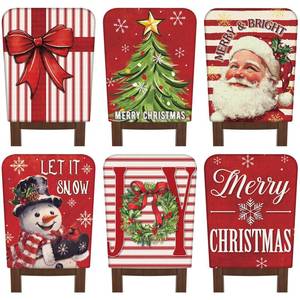 lot 1311 image: FuWeave 6 Pcs Christmas Chair Covers Winter Chair Back Covers Xmas Tree Snowman Let It Snow Protector Slipcovers Washable Red White Stripe Dining Seat for Home Hotel Kitchen Decor