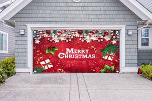 lot 1315 image: Lordearon Christmas Garage Door Banner Decoration Large Christmas Garage Cover for Indoor Outdoor Holiday Party Supplies, Red Ornaments Backdrop Sign 6X13 FT - Retail $20