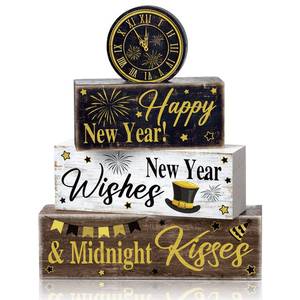 lot 1319 image: Moucuny 4 Pcs New Year Table Decoration Eve Party Supplies 2026 Gold Black Tiered Tray Decor Happy New Year Centerpiece Rustic Decorative Clock Block Signs Gift for Home Eve Party Decoration - Retail $52
