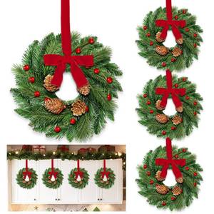 lot 5025 image: 4 Pcs Mini Christmas Wreath for Cabinets Kitchen, 12 Inch Small Christmas Wreaths with Lifelike Norfolk Pine Aspen Fir Tips Cones Red Berry Bow Xmas Door Wreath for Front Door Porch Wall Window Indoor - Retail $30