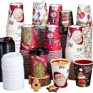 lot 5030 image: Hallswl 100Pcs 12 oz Christmas Paper Cups with Lids, Disposable Coffee Cups for Cold Beverage Hot Cocoa Chocolate Drinking, Santa Snowman Holly Ball Elk Pattern To Go Cup for Christmas Decorations - Retail $30