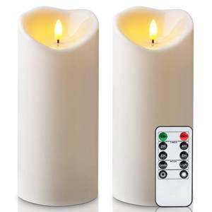 lot 5041 image: Amagic 4 x 9 Large Outdoor Waterproof Flameless Candles with Remote, Battery Operated Candles with Timer, Flickering Fake LED Pillar Candle for Patio Yard Porch Decor, Ivory White, Set of 2 - Retail $27