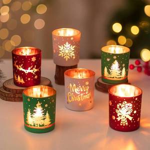 lot 5043 image: Hewory Christmas Votive Candle Holders Christmas Tea Light Candle Holder Set of 6, Cylinder Glass Candle Holders Centerpiece Christmas Decorations Indoor Home Decor for Table Fireplace Holiday Party - Retail $25