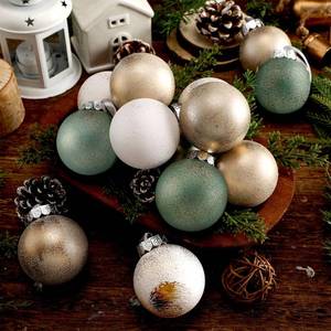 lot 5057 image: Yunlly 12 Pcs Textured Christmas Ball Ornaments 2.36 Neutral Christmas Tree Decor Modern Vintage Brown Hanging Decor Shatterproof Home Ornaments for Rustic Large Farmhouse (Sage Green) - Retail $26