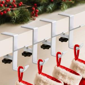 lot 5059 image: ANOEPUY 4 Pack Stocking Holders for Mantle for Christmas Decorations,2 in 1 Mantle Garland Holder for Hanging Christmas Stockings,No Drilling Required & Adjustable Garland Hanger, Metal(White) - Retail $17