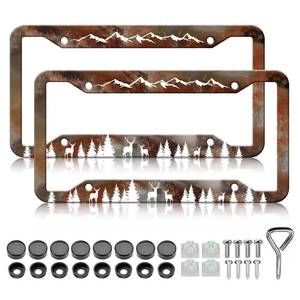 lot 13235 image: Mountains Forest Deer License Plate Frames - 2 Pack Funny Stainless Steel License Plate Holder,Rust-Proof Waterproof Car Decorative Tag Frame with Screws Fasteners Caps