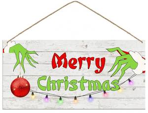 lot 13238 image: WTTORDE Merry Christmas Hanging Door Sign, Crazy Funny Green Festive Wooden Wall Welcome Decor Winter Farmhouse Style Outdoor Indoor Xmas Tree Ornaments for Home Office Holiday Party - Retail $10