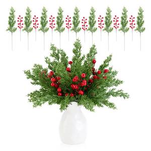 lot 13242 image: 50 Pcs Christmas Artificial Pine Branches with Red Holly Berry Stems, Faux Evergreen Pine Cypress Leaves Stems, Fake Foliage Pine Needles Picks for Christmas DIY Craft Garland Home Holiday Decor - Retail $13