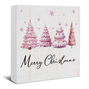 lot 13248 image: Merry Christmas Decorations - Pink Christmas Tree Wooden Sign, Cute Holiday Room Decor for Desk Table Shelf 5 X 5 Inches - Retail $8