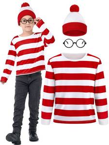 lot 13260 image: FancyFun 3 Pieces Kids Halloween Costume Set, Boys Costume Red and White Striped Shirt Beanie Hat Glasses for Cosplay Party 8-10Y