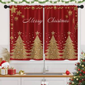 lot 13262 image: Nesphy Christmas Tree Glitter Kitchen Window Curtains Over Sink Set of 2, Winter Cute Luxury Star Rod Pocket Short Tier Curtains, Red Christmas Small Kitchen Decor (26x36 Inch)