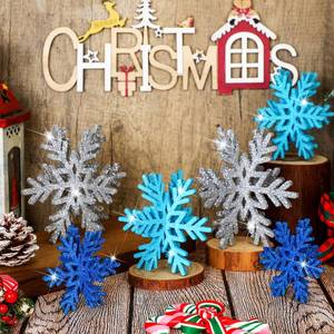 lot 13283 image: Bucherry 12 Pcs Glitter Snowflake Decorations 3D Winter Wooden Snowflake Tabletop Decor Sparkle Christmas Signs and Centerpiece for Xmas Winter Wonderland Decorations(Silver, Dark Blue, Light Blue) - Retail $19