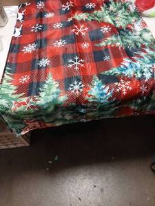 lot 13296 image: Holiday Table Cloth Red Black Buffalo Check Snowflake Pine Trees