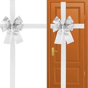 lot 13298 image: gisgfim Christmas Cabinet Big Bows Large Door Lace Christmas Tree Bow Ribbon Silver Bow Holiday Decorations Christmas Front Door Party Supplies - Retail $10