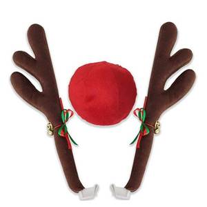 lot 13299 image: Christmas Reindeer Antlers Car Decoration Kit Plush Rudolf Auto Reindeer and Red Nose Set with Jingle Bells - Best Chrictmas Gift Choice - Retail $16