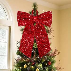 lot 13301 image: Large Glitter Christmas Bows 13 x 21 Sequins Christmas Tree Topper Bow Bowknot Ornaments for Wreath Xmas Tree Home Party Decor (Red)