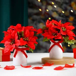 lot 13328 image: Daifunli 2 Sets Artificial Poinsettia Bushes with Vase 3.1 Inches Mini Christmas Poinsettia Decor Faux Red Flowers Bouquet for Xmas Party Indoor Table Centerpiece - Retail $22