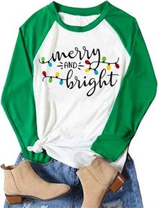 lot 13329 image: Christmas Tshirt Women Merry and Bright Shirt Letters Print Splicing 34 Sleeve Baseball Tshirt Blouse Tee Tops (Green, X-Large) - Retail $15