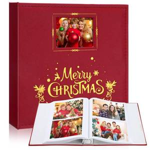 lot 15158 image: ReliThick 200 Pcs 2026 Christmas Photo Album Holds 4x6 Leather Album with Front Window Memory Scrapbook for Holiday Merry Christmas Happy Gift(Red,Vintage)
