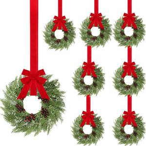 lot 15162 image: Small Christmas Norfolk Wreaths 15 Inch Christmas Kitchen Cabinet Mini Wreath with Bow Ribbon Cedar Berry for Xmas Front Door Window Chair Fireplace Table Pillar Farmhouse - Retail $53