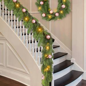 lot 15169 image: Ceenna 2 Pcs 12.4ft Pre Lit Christmas Cedar Garland with 20 LED Lights, Greenery Artificial Pine Garland for Christmas with Ball,8 Modes Timer Battery Operated for Holiday Mantel(Pink) - Retail $37