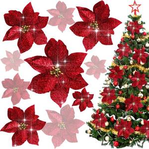 lot 15175 image: Syhood 30 Pieces 5.1 Inches Glitter Poinsettia Flowers Christmas Tree Ornaments Artificial Wedding Poinsettia Glitter Metallic Flowers for Christmas Tree Wreaths New Year Decor(Red) - Retail $13