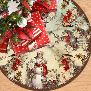 lot 15181 image: Christmas Tree Skirt, 48 Inch Vintage Snowman Deer Xmas Tree Mat Christmas Tree Ornaments Winter Holiday Party Indoor Outdoor Decorations - Retail $10