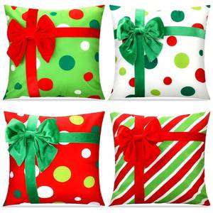 lot 15185 image: Breling 4 Set Christmas Pillow Covers 3D Bows Gift Box Pillow Cases 18 x 18 Inch Red Green Stripe Dot Xmas Winter Cushion Cases for Christmas Home Chair Bed Sofa Cushion Decor - Retail $22