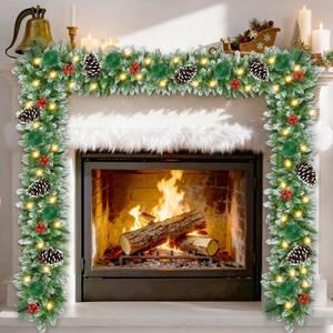 lot 15190 image: Christmas Garland with Lights 9 FT Artificial Christmas Garland 250 Pieces of Green Rattan Christmas Garland Holiday Artificial Decor for Stairs Wall Door Indoor Outdoor Garland - Retail $27