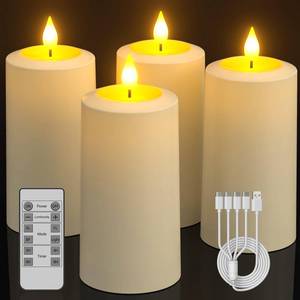 lot 15195 image: SoulBay Flameless LED Candles, 4-Pack USB Rechargeable, Flickering Waterproof White Pillar Candles with Remote Control Timer for Outdoor Lantern Patio Yard Indoor Holiday Decor, 2.75 x 5.1 Inches - Retail $30