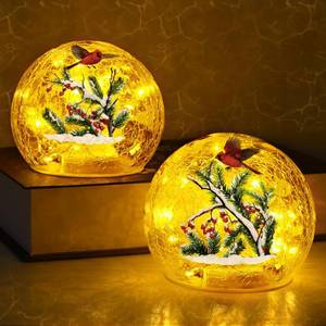 lot 15196 image: Yinhua Lighted Christmas Decorations Indoor, 2 PCS 4 Cardinal Bird Crackle Glass Balls, Light Up Christmas Globe Light with Timer, Xmas Centerpieces for Tables Mantel Fireplace Living Room Gift