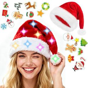 lot 15204 image: HAOSJINY Light up Santa Hat, Led Christmas Hat With 20 Diy Holiday Stickers, Santa Hats Adult With Colorful Led Strip Light, For Xmas New Year Christmas Party Upgraded Red Adult - Retail $11