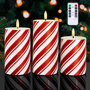 lot 15208 image: HN HAIINAA Red Stripe Glitter LED Pillar Candles, Battery Operated Real Wax Flameless Candles for Christmas Holiday Home Party Decor, Set of 3 (D3 x H4 5 6) - Retail $28