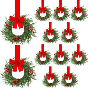 lot 15215 image: Knitgrip 12 Pcs 9 Small Christmas Kitchen Cabinet Wreaths with Plaid Bow Ribbon Mini Hanging Christmas Wreath Artificial Greenery Wreath for Front Door Porch Wall Window(Red Velvet Color) - Retail $60