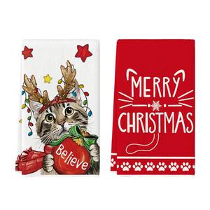 lot 15228 image: Artoid Mode Red Cat Merry Christmas Kitchen Towels Dish Towels, 18x26 Inch Star Xmas Ball Believe Daily Winter Decoration Hand Towels Set of 2 - Retail $14