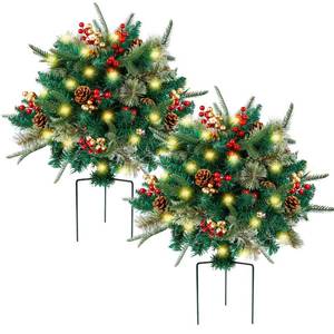 lot 62758 image: Glintoper Lighted Artificial Christmas Urn Filler, Pre-lit Xmas Pine Trees with Cones, Golden & Red Berries, Tripod Stake and 60 LED Lights, Outdoor Light Up Planter Filler Holiday Home Decor, 2 Pack - Retail $70