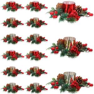 lot 62759 image: Ceenna Set of 24 Christmas Candle Rings Wreaths Pine Cones Garland Red Berry Poinsettia Pine Garland Candle Ring Holder for Christmas Wedding Home Table Centerpiece Party - Retail $41