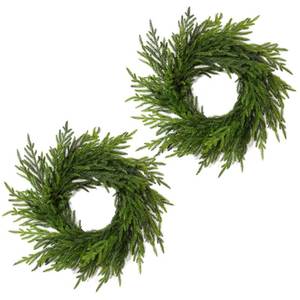 lot 62760 image: WBHome 18 Norfolk Pine Wreath for Front Door, Real Touch Artificial Green Wreath Greenery Realistic Holiday Decoration for Indoor Outdoor, 2 PCS - Retail $55