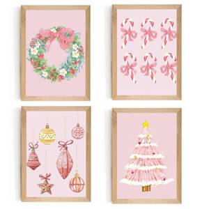 lot 62761 image: Set of 4 Framed Pink Christmas Wall Art Prints Decor,12x16Vintage Xmas Tree Garland Framed Wall Signs Art Decor for Office Bedroom Living Room Classroom