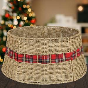 lot 62765 image: Blissun Christmas Tree Collar, Rattan Farmhouse Christmas Tree Ring, Natural Woven Rustic Christmas Tree Skirt (Plaid, Large) - Retail $50