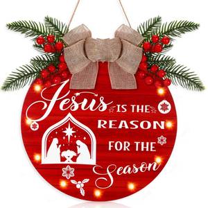 lot 62768 image: Coume 12 Inches Christmas Decorations Wooden Hanging Sign Jesus Is The Reason for The Season Sign LED Lights Xmas Plaque Christmas Nativity Scene Door Wreath for Holiday Front Door Wall Decor - Retail $25