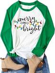 Christmas Tshirt Women Merry and Bright Shirt Letters Print Splicing 3/4 Sleeve Baseball Tshirt Blouse Tee Tops (Green, X-Large) - Retail: $15