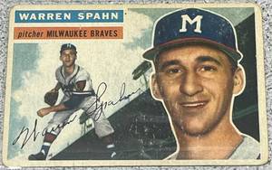lot 101 image: 1956 Topps Baseball Card #10 - Warren Spahn Milwaukee Braves
