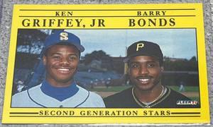 lot 185 image: 1991 Fleer Baseball Card #710 - Second Generation Stars Ken Griffey Jr. & Barry Bonds