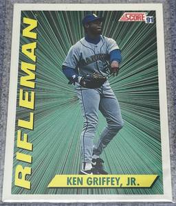 lot 190 image: 1991 Score Baseball Card #697 - Ken Griffey Jr. Rifleman