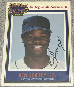 lot 195 image: 1992 Jumbo Sunflower Seeds Autograph Series III Baseball Card #14 - Ken Griffey Jr.