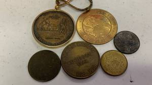 lot 12 image: Lot of 6 Commemorative Medals and Tokens Bank Beaver Pioneer Kansas RC50
