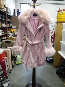 lot 1819 image: LA Coalition Pink Wrap Coat with Fur Collar and Cuffs Size L